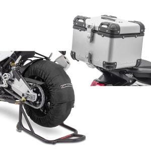 Sett: Motorsykkel dekkvarmer sett Laguna Seca 60-80°C 17 tommer sort ConStands med aluminium toppkoffert XS45 aluminium univ 45 liter sølv