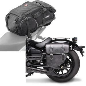 Sett: Motorsykkelryggsekk HX5 wd 45Ltr med hjelmholder Bagtecs med salveske venstre Texas 10Ltr egnet for Chopper sw.