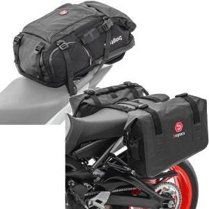 Sett: Motorsykkelryggsekk HX5 wd 45Ltr med hjelmholder Bagtecs med sidelommer wd1 2x43l med rullelukking