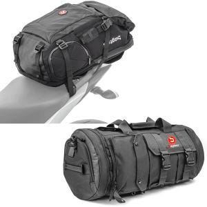 Sett: Motorsykkelryggsekk HX5 vanntett 45Ltr med hjelmholder Bagtecs med halebag TB8 bagasjerull 35Ltr svart
