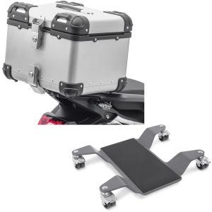 Sett: Motorsykkel aluminium toppkoffert XS45 aluminium univ 45L sølv Bagtecs med manøvreringshjelp Easy Mover II opp til 320kg grå