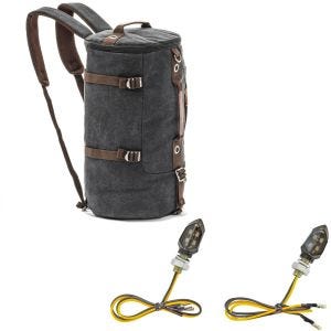 Sett: Motorsykkelryggsekk Canvas VG8 halebag Vintage 35Ltr sw Craftride med LED-indikatorer KP8 ECE par tonet