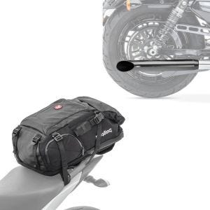 Sett: Motorsykkelryggsekk HX5 vanntett 45Ltr med hjelmholder Bagtecs med baklyddemper univ. Caferacer Turn Out sw