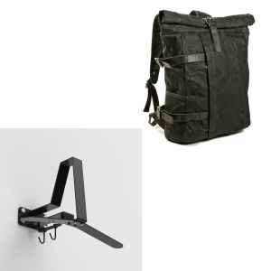 Sett: Motorsykkelryggsekk Canvas VR2 Vintage 20Ltr Retro sw Craftride med klesstativ WH2 veggfeste hjelmholder sw