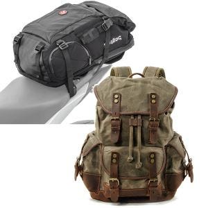 Sett: Motorsykkelryggsekk HX5 wd 45Ltr med hjelmholder Bagtecs med ryggsekk Canvas RG8 Vintage 20Ltr grønn.