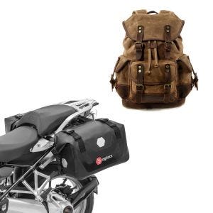 Sett: Motorsykkelryggsekk Canvas RG8 Vintage 20Ltr Retro brun Craftride med salvesker wd RB25 med rullelukking
