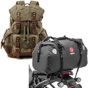 Sett: Motorsykkelryggsekk Canvas RG8 Vintage 20Ltr Retrogrønn Craftride med halepose Drybag XF60 wd