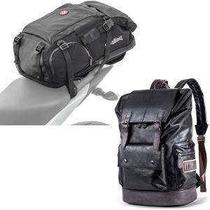 Sett: Motorsykkelryggsekk HX5 vanntett 45Ltr med hjelmholder Bagtecs med ryggsekk RL3 halebag Vintage 24Ltr svart