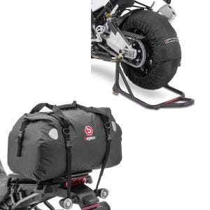 Sett: Motorsykkel dekkvarmersett Laguna Seca 60-80°C 17 tommer sw ConStands med halebag Drybag XF60 wd