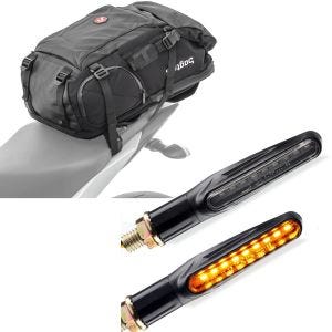 Sett: Motorsykkelryggsekk HX5 vanntett 45Ltr med hjelmholder Bagtecs med kjørelysindikatorer KP6 LED-indikatorer ECE 2 stk.