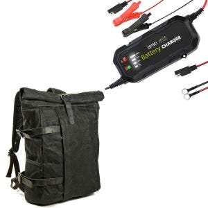 Sett: Motorsykkelryggsekk Canvas VR2 Vintage 20Ltr Retro sw Craftride med batterilader BC2 helautomatisk 1500mA