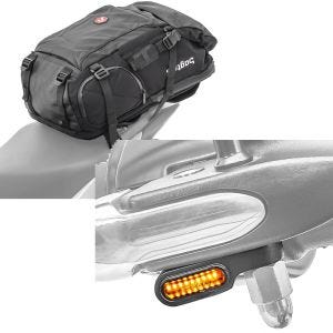 Sett: Motorsykkelryggsekk HX5 wd 45Ltr med hjelmholder Bagtecs med LED styreindikatorer univ XS egnet for styre ECE.