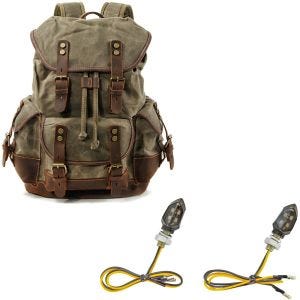 Sett: Motorsykkelryggsekk canvas RG8 vintage motorsykkelveske 20L retro grønn Craftride med LED-indikatorer KP8 ECE par tonet