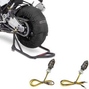 Sett: Motorsykkel dekkvarmer sett Laguna Seca 60-80°C 17 tommer sort ConStands med LED-indikatorer KP8 ECE par tonet