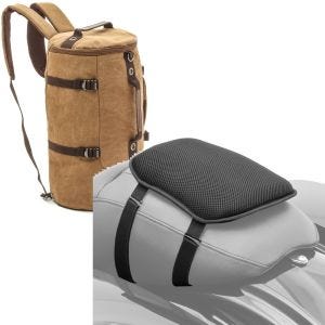 Sett: Motorsykkelryggsekk Canvas VG8 halebag Vintage 35Ltr brun Craftride med gel setepute S komfortpute sw