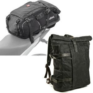 Sett: Motorsykkelryggsekk HX5 wd 45Ltr med hjelmholder Bagtecs med ryggsekk Canvas VR2 motorsykkelveske 20Ltr Retro svart.