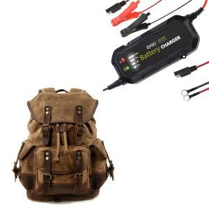 Sett: Motorsykkelryggsekk Canvas RG8 Vintage 20Ltr Retro brun Craftride med batterilader BC2 helautomatisk 1500mA