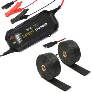 Sett: Motorsykkel batterilader BC2 helautomatisk 1500mA Lumitecs med motorsykkel varmebeskyttelsestape, eksostape sw 15m