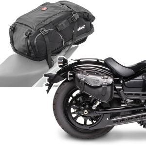 Sett: Motorsykkelryggsekk HX5 wd 45Ltr med hjelmholder Bagtecs med salveske høyre Arizona 3Ltr egnet for Chopper sw.