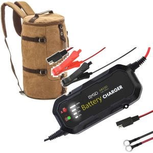 Sett: Motorsykkelryggsekk Canvas VG8 halebag Vintage 35Ltr brun Craftride med batterilader BC2 1500mA