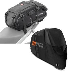 Sett: Motorsykkelryggsekk HX5 halebag vanntett 45 liter med hjelmholder Bagtecs med presenning BC1 XXL trekk svart