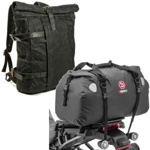 Sett: Motorsykkelryggsekk Canvas VR2 Vintage 20Ltr Retro sw Craftride med halebag Drybag XF60 wd