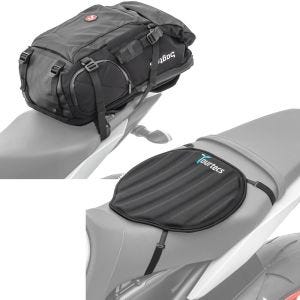 Sett: Motorsykkelryggsekk HX5 wd 45Ltr med hjelmholder Bagtecs med gel setepute neopren M gel pute setepute sw.