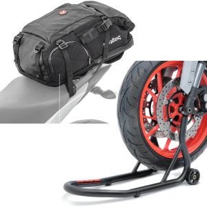 Sett: Motorsykkelryggsekk HX5 wd 45Ltr med hjelmholder Bagtecs med arbeidsstativ forhjul med piggholder sort matt