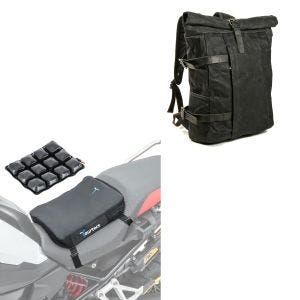 Sett: Motorsykkelryggsekk Canvas VR2 Vintage motorsykkelveske 20Ltr Retro sw Craftride med luftpute Air Deluxe S sw