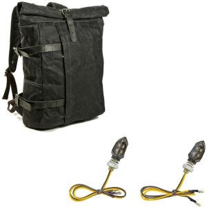 Sett: Motorsykkelryggsekk Canvas VR2 Vintage Motorsykkelveske 20Ltr Retro sw Craftride med LED-indikatorer KP8 ECE par tonet