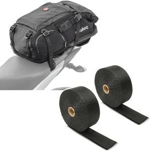 Sett: Motorsykkelryggsekk HX5 halebag vanntett 45 liter med hjelmholder Bagtecs med varmebeskyttelsestape, eksostape sw 15m