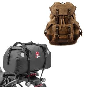 Sett: Motorsykkelryggsekk Canvas RG8 Vintage 20Ltr Retro brun Craftride med halebag Drybag XF60 wd