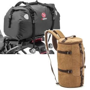 Sett: Motorsykkel hale bag Drybag XF60 vanntett volum 60l Bagtecs med ryggsekk Canvas VG8 Vintage 35L brun