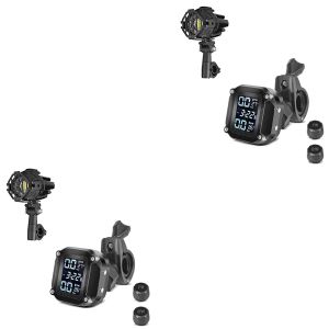 2x sett: motorsykkel LED ekstra frontlykter med kollisjonsstangholder og beskyttelsesgitter Lumitecs S22X + dekktrykkovervåkingssystem TPMS med temperaturmåler Tourtecs dekktrykkmåler digital