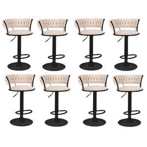 Sett med 8 barkrakker fløyelstrekk Divit RB16 krakk med ryggstøtte fotstøtte justerbar metallbase beige svart