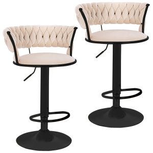 Sett med 2 barkrakker fløyelstrekk Divit RB16 2 krakker med ryggstøtte fotstøtte justerbar metallbase beige svart
