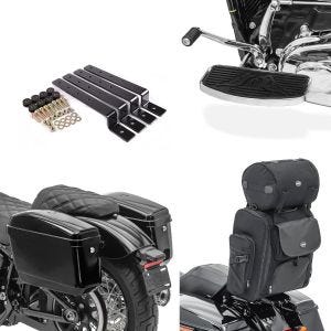 Sett med sissy bar bag for motorsykkel Craftride SXL med monteringssett og sideveske Nevada løpebrett foran