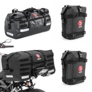 Sett hale bag Bagtecs SX70 70L med tørr bag XB50 50l og 2x crash bar bag 6L svart