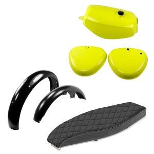 Bensintank egnet for Simson S51 / S50 / S70 med sidedeksel Craftride gul + frontskjerm + bakskjerm + flatbenksete VS2 sete svart