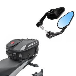 Motorsykkelstyre endespeil Craftride RL1 bakspeil par svart + motorsykkel halebag Bagtecs X30 pillion bag utvidbar 20-30L svart