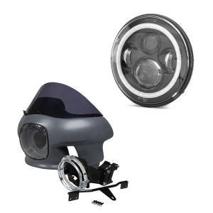 Frontmaske med frontrute og frontlyktbrakett egnet for Harley Davidson Dyna 06-17 Craftride umalt + LED frontlykt 7" med E-merke DRL FS7 svart