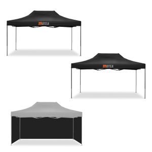 2x racingtelt 3x4,5m sammenleggbart Tourtecs foldepaviljong for racerbanen MOTEA svart + 4x paviljongsidevegger egnet for sammenleggbart racingtelt 3x4,5m
