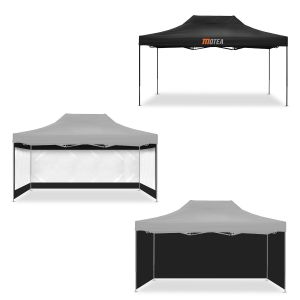 Racingtelt 3x4,5m sammenleggbart Tourtecs for racerbanen MOTEA svart + 4x paviljongsidevegger egnet for sammenleggbart racertelt 3x4,5m transparent + 4x paviljongsvarte sidevegger 3x4,5m