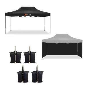 Racingtelt 3x4,5m sammenleggbart Tourtecs foldepaviljong for racerbanen MOTEA + 4x paviljongsidevegger egnet for sammenleggbart racertelt 3x4,5m + 4x paviljongvekter PG4 paviljongsandsekker svart