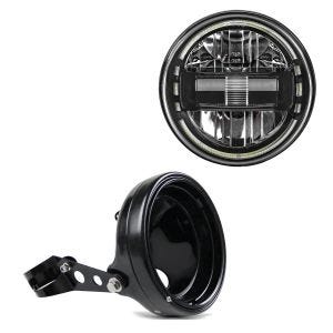 LED hovedlykt 7" egnet for Harley hovedlykt med E-merke DRL sort KK1 + lykthus 7" med gaffelbrakett 35-43mm Craftride