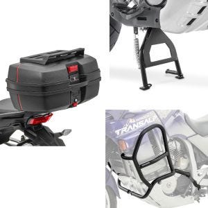 Crash bar egnet for Honda Transalp XL 600 V 87-99 Motoguard MK17 + motorsykkel toppkoffert DK45 universal 45 liter med bagasjegrill + hovedstativ midtstativ i sort med ABE