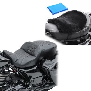 Sett: Motorsykkelsete Craftride TG23 sete egnet for Harley Davidson Touring 97-07 svart + setepute med gelpute LG14 lammeskinn 32 x 27 cm