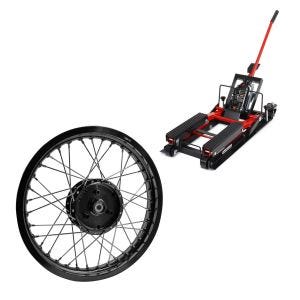 Sett: ConStands Midlift L lift egnet for choppere opp til 680 kg i rødt + felg 1,85x16 bred egnet for Simson S51 S50 S70 Schwalbe KR51 AF21 svart