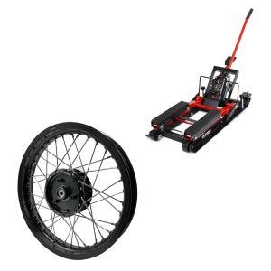 Sett: ConStands Midlift L lift egnet for choppere opp til 680 kg i rødt + felg 2,15x16 bred egnet for Simson S51 S50 S70 Schwalbe KR51 AF22 svart