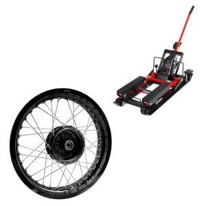 Sett: ConStands Midlift L lift egnet for choppere opp til 680 kg i rødt + felg 2,5x16 bred egnet for Simson S51 S50 S70 Schwalbe KR51 AF23 svart